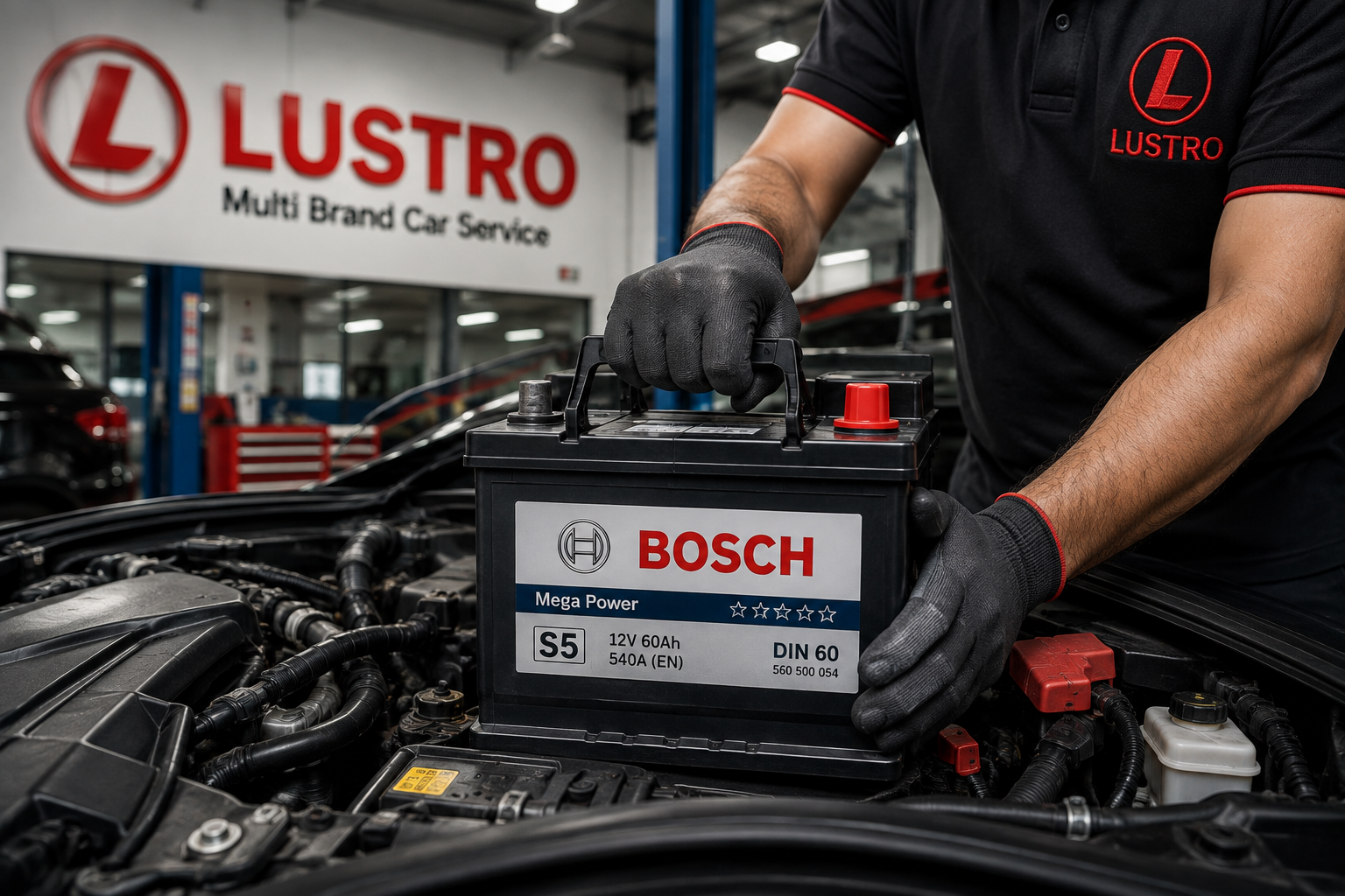Technician checking a car battery under the hood