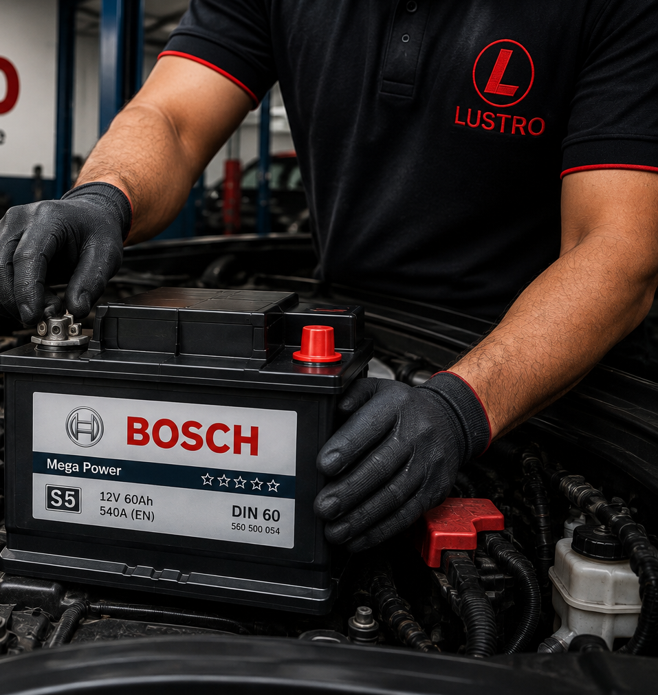 Technician inspecting a car battery terminal