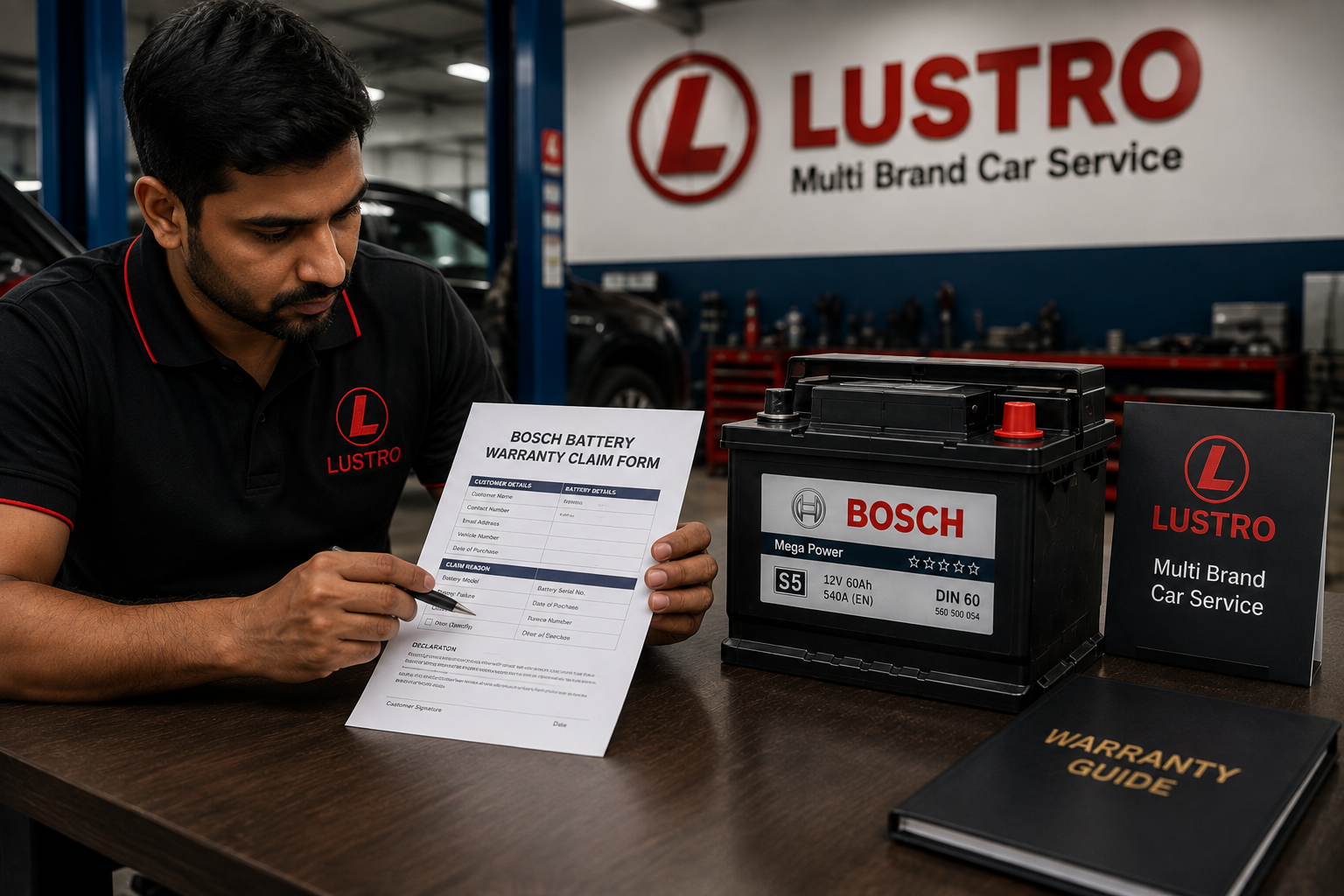 Technician reviewing battery warranty documentation