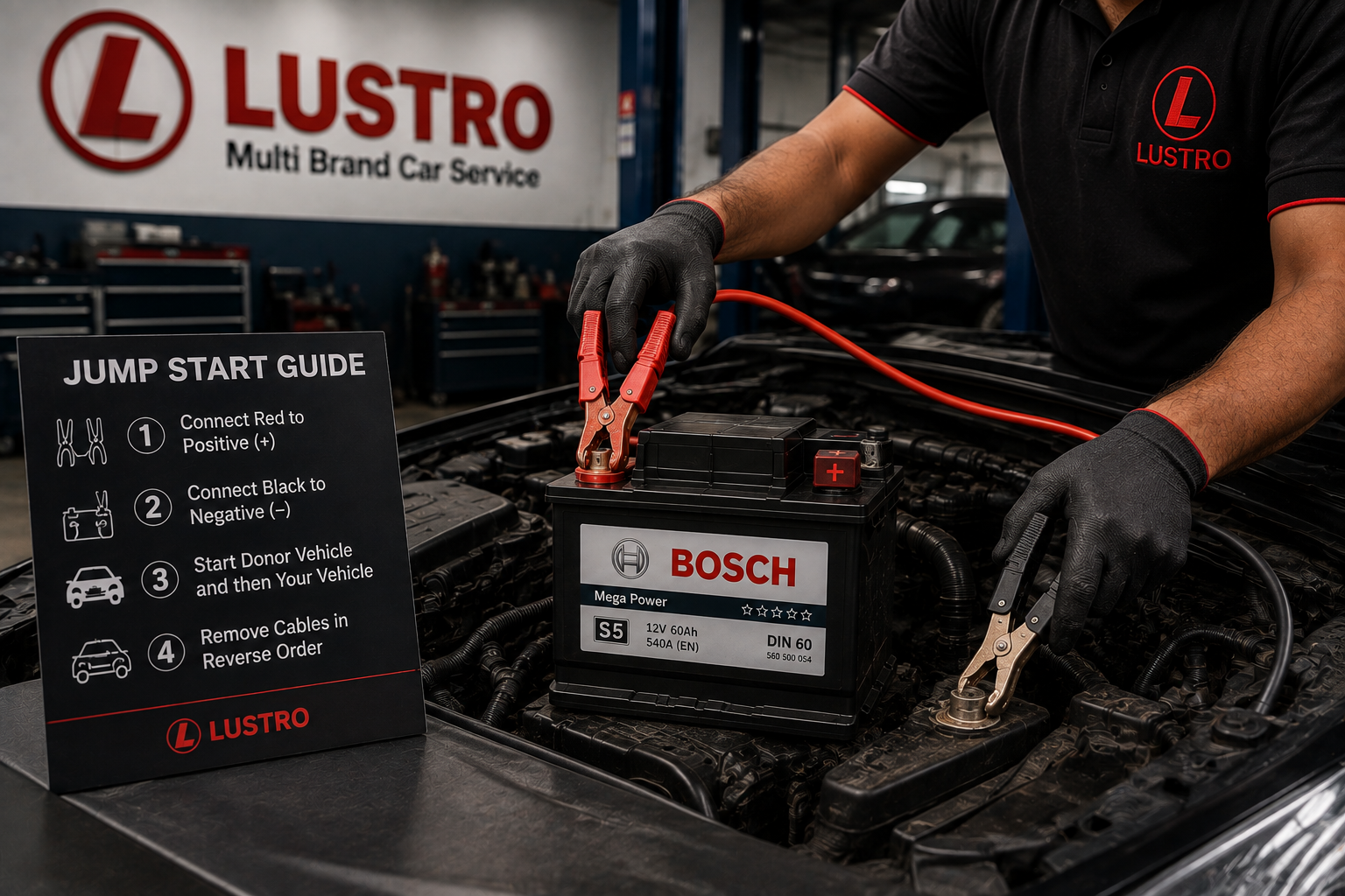 Hands connecting jump start cables to a car battery