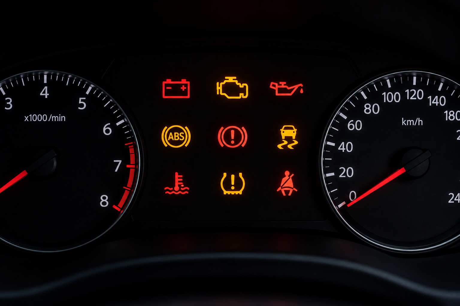 Close-up of car dashboard warning lights illuminated