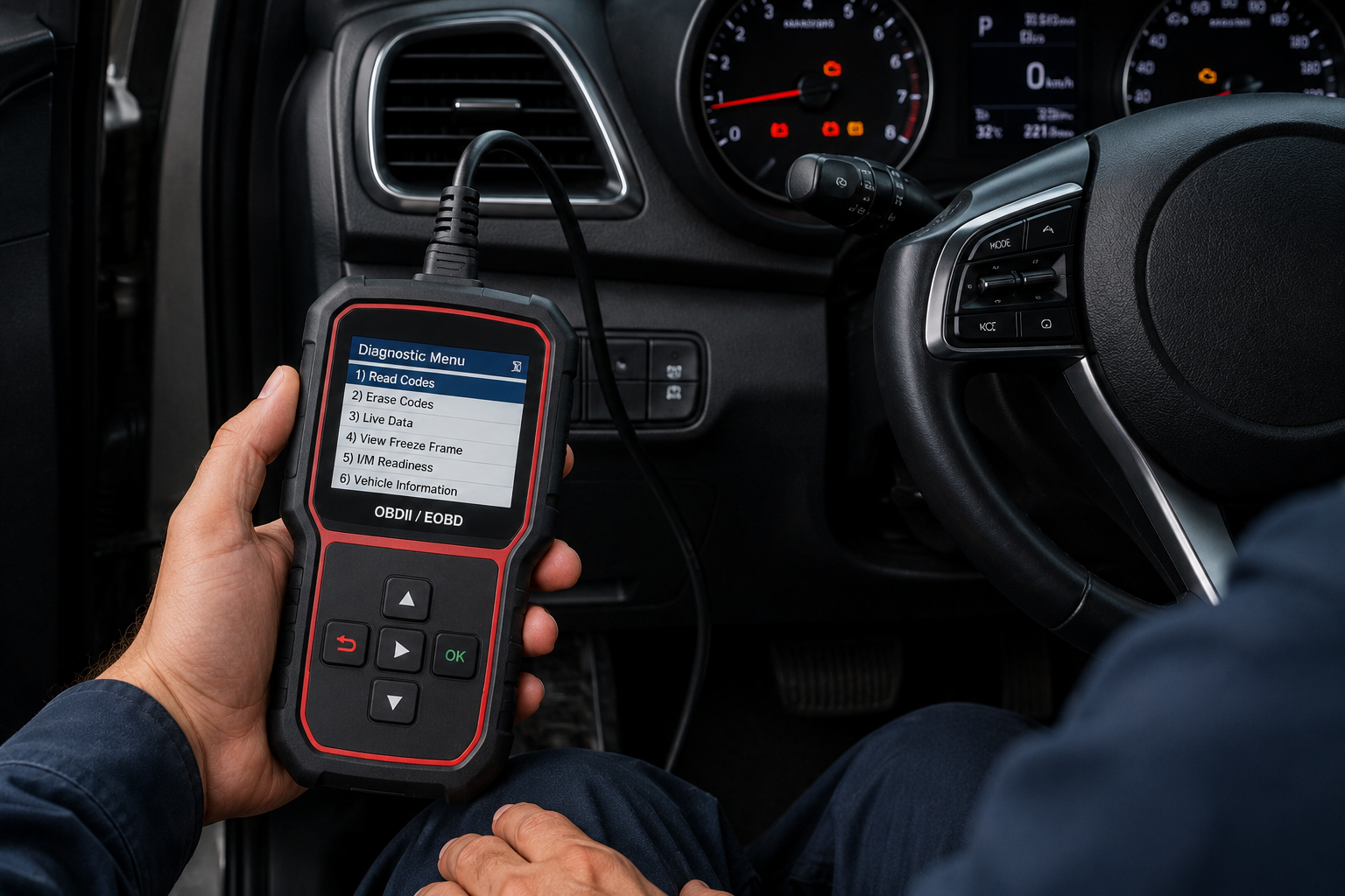 Technician connecting a diagnostic scanner to a vehicle's onboard computer