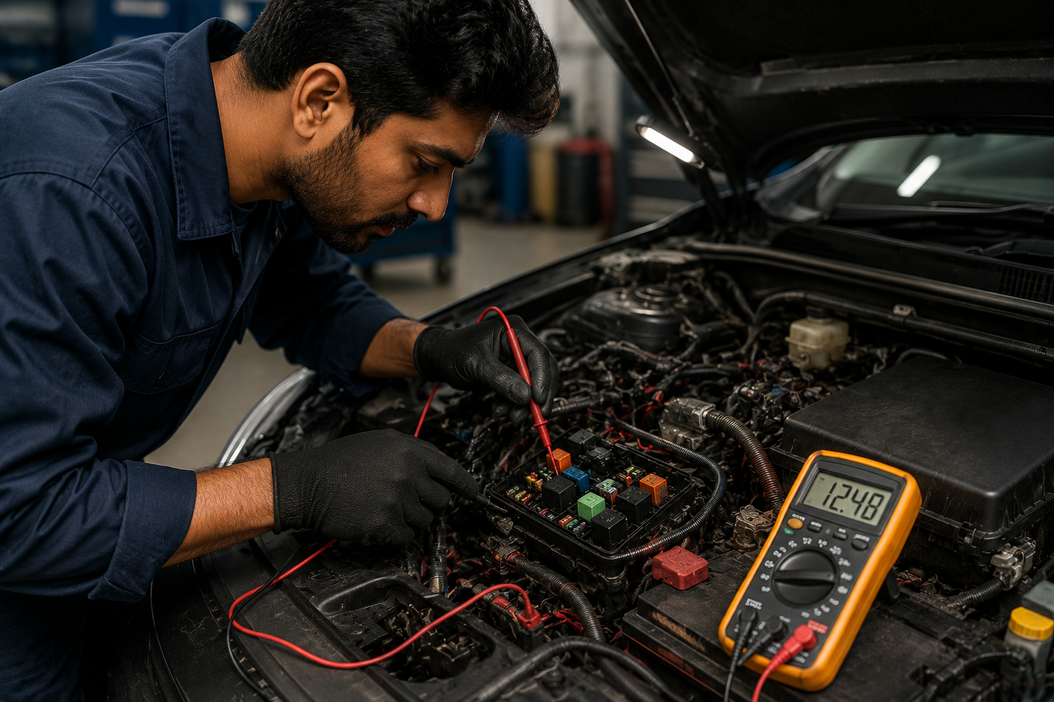 Technician inspecting car wiring and electrical connections