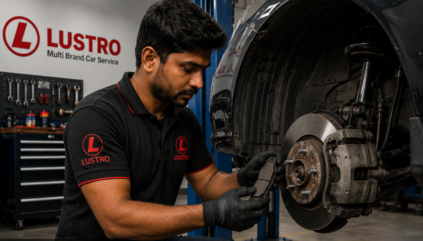 Technician inspecting a car brake disc and caliper