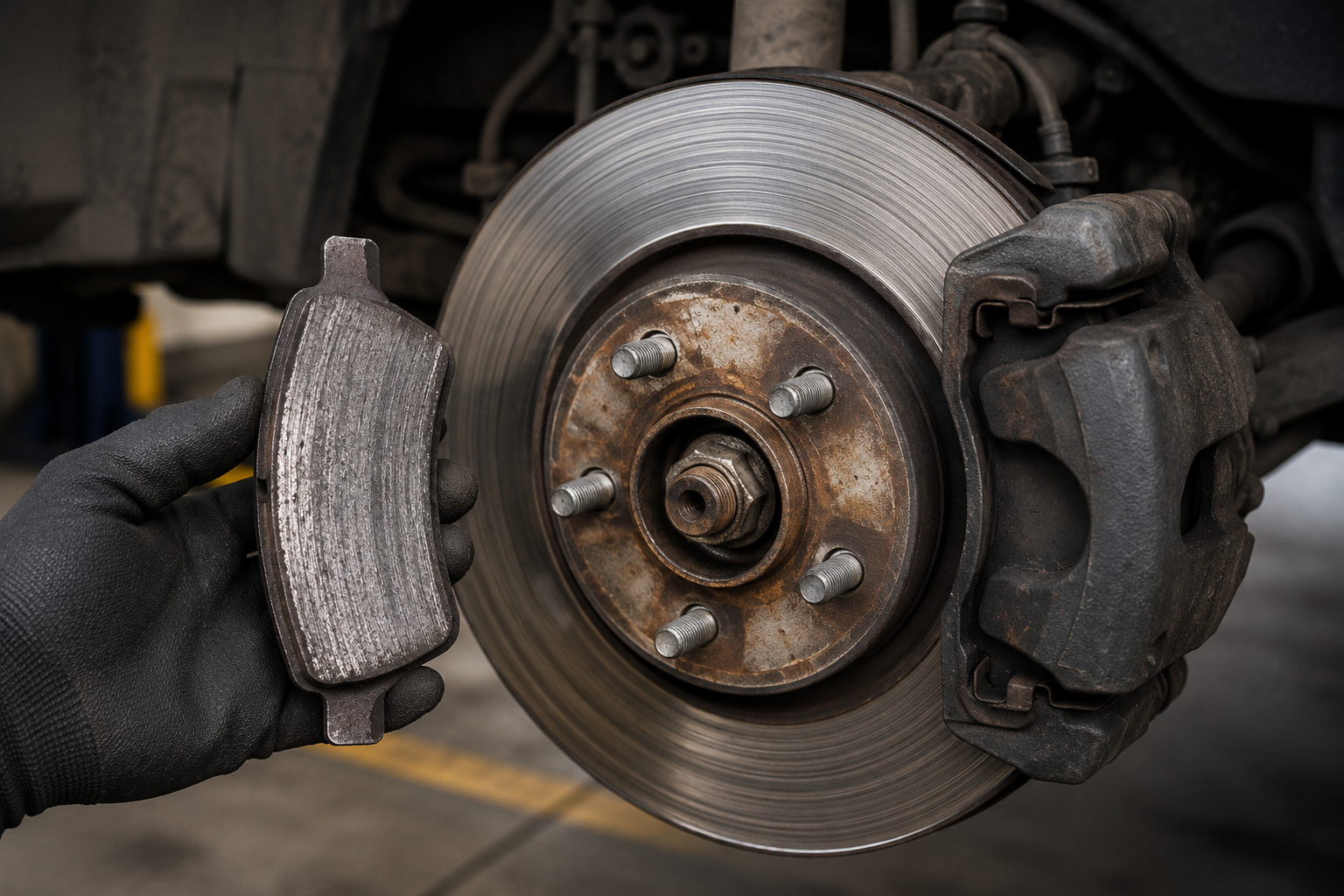 Close-up of a worn car brake pad and disc