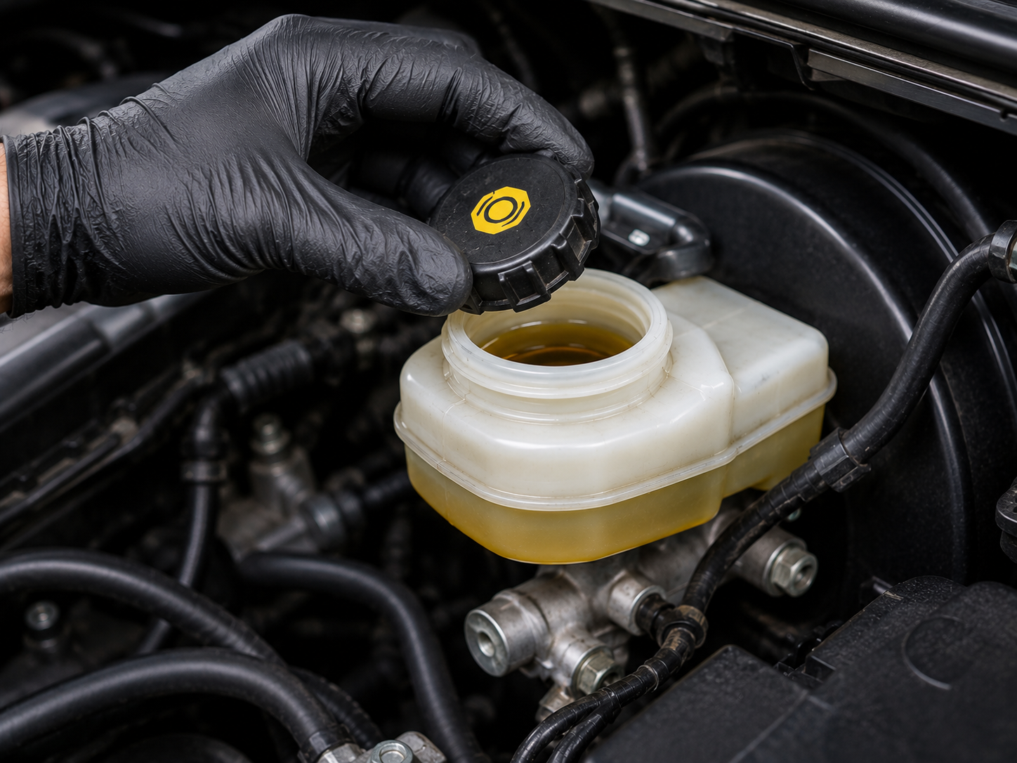 Technician checking brake fluid reservoir level under the hood
