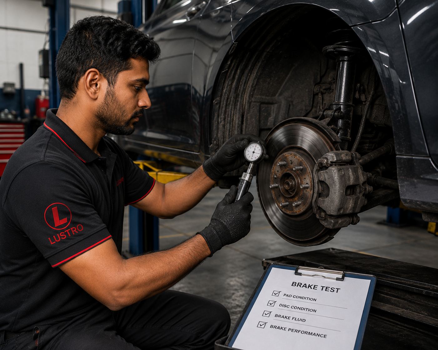Technician testing a vehicle's electronic stability and braking system