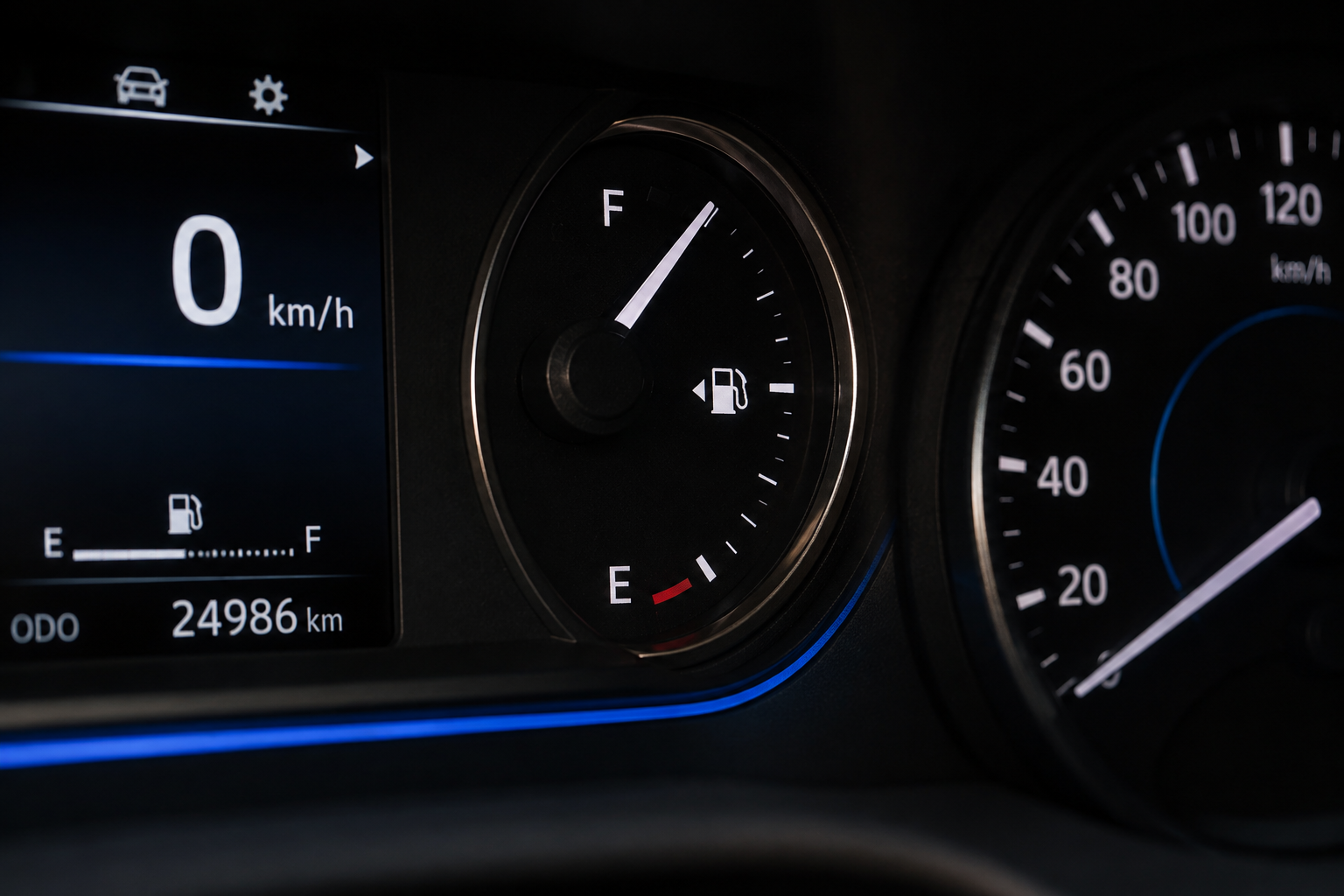 Car fuel gauge showing fuel level
