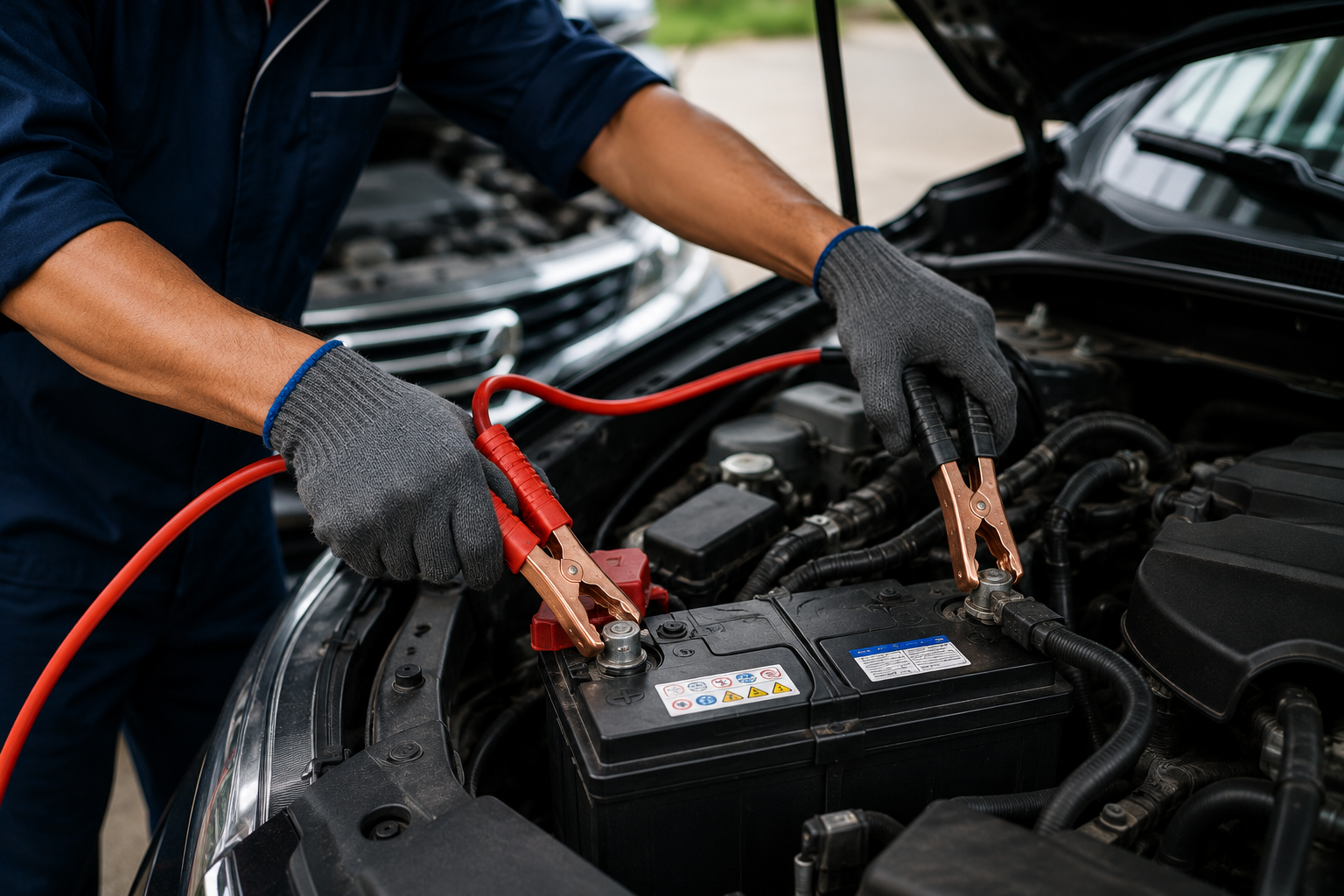 Technician connecting jumper cables to a car battery