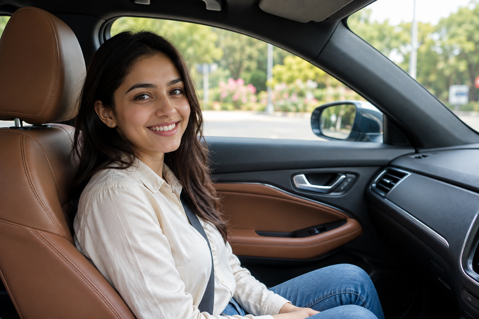 Woman smiling while seated in a car