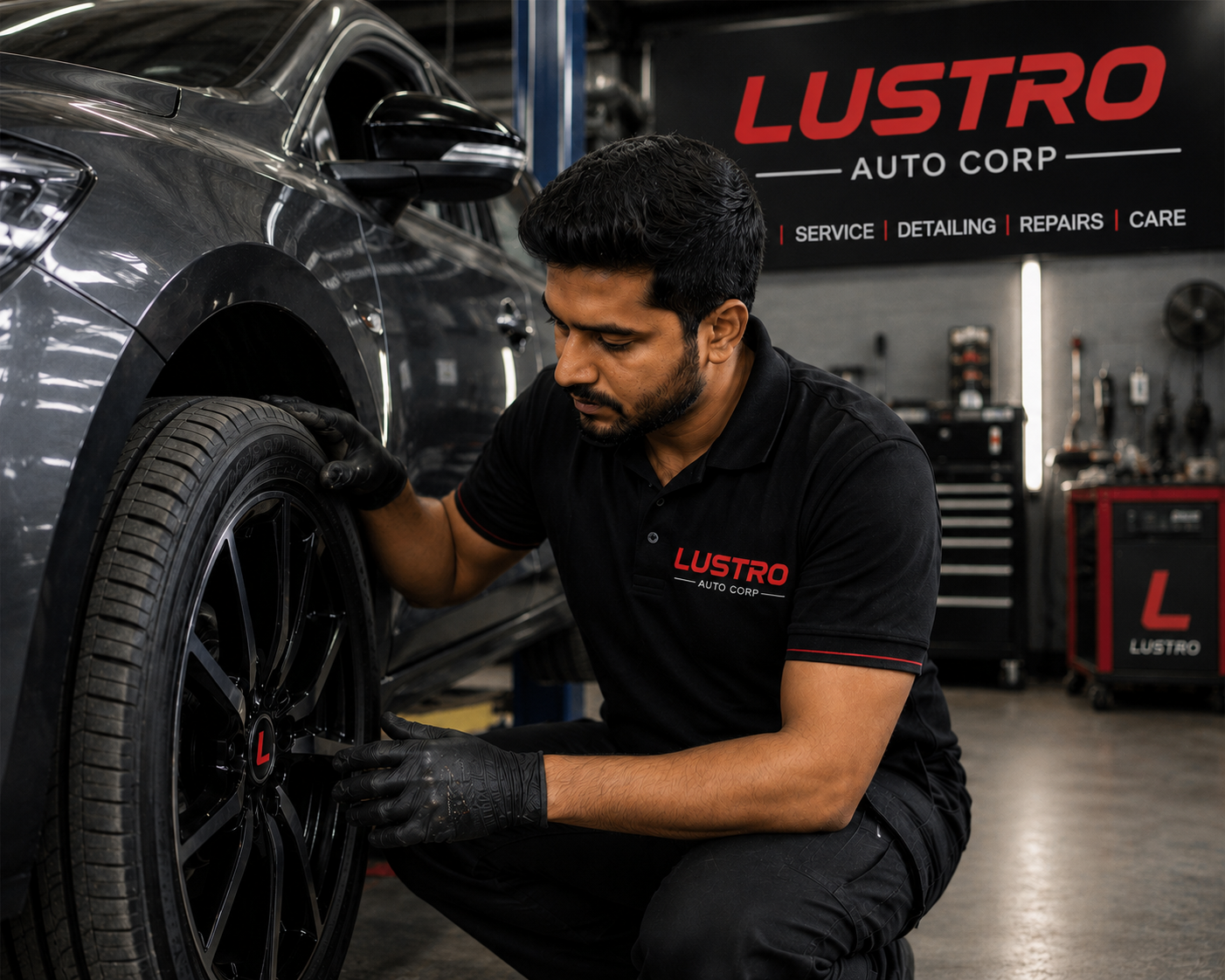 Technician checking a car tyre in the workshop