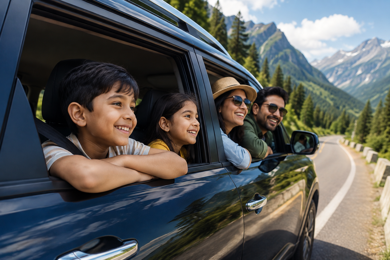 Family leaning out of car windows on a road trip