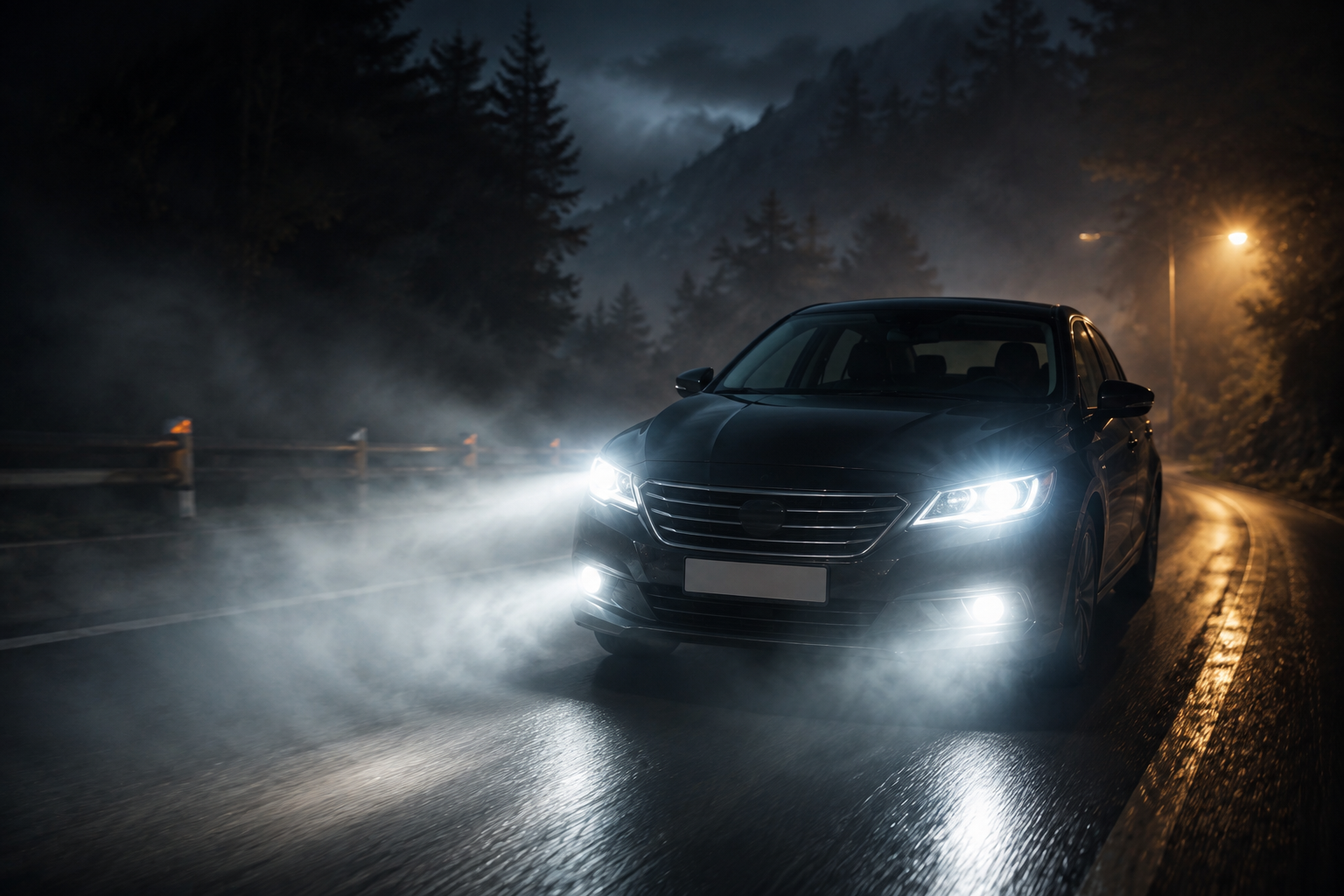 Car headlights cutting through fog on a dark road