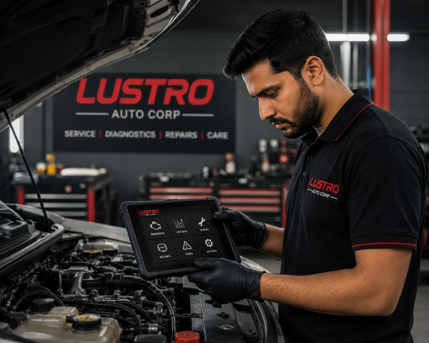 Two technicians reviewing a diagnostic tablet under a car's open hood