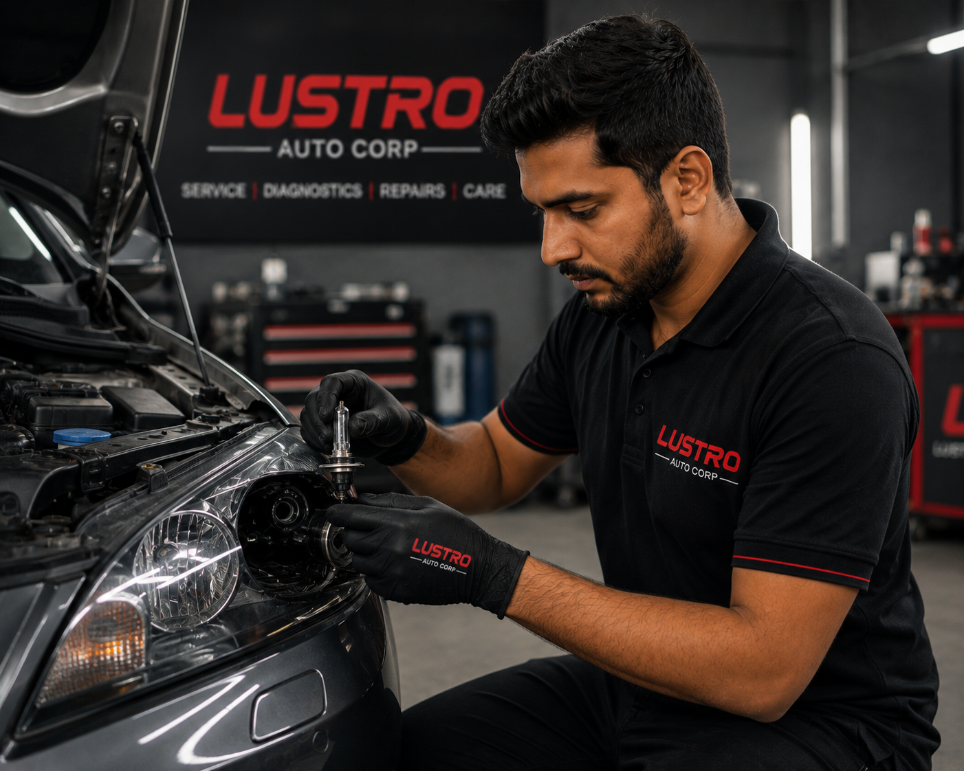 Technician replacing a headlight bulb on a car