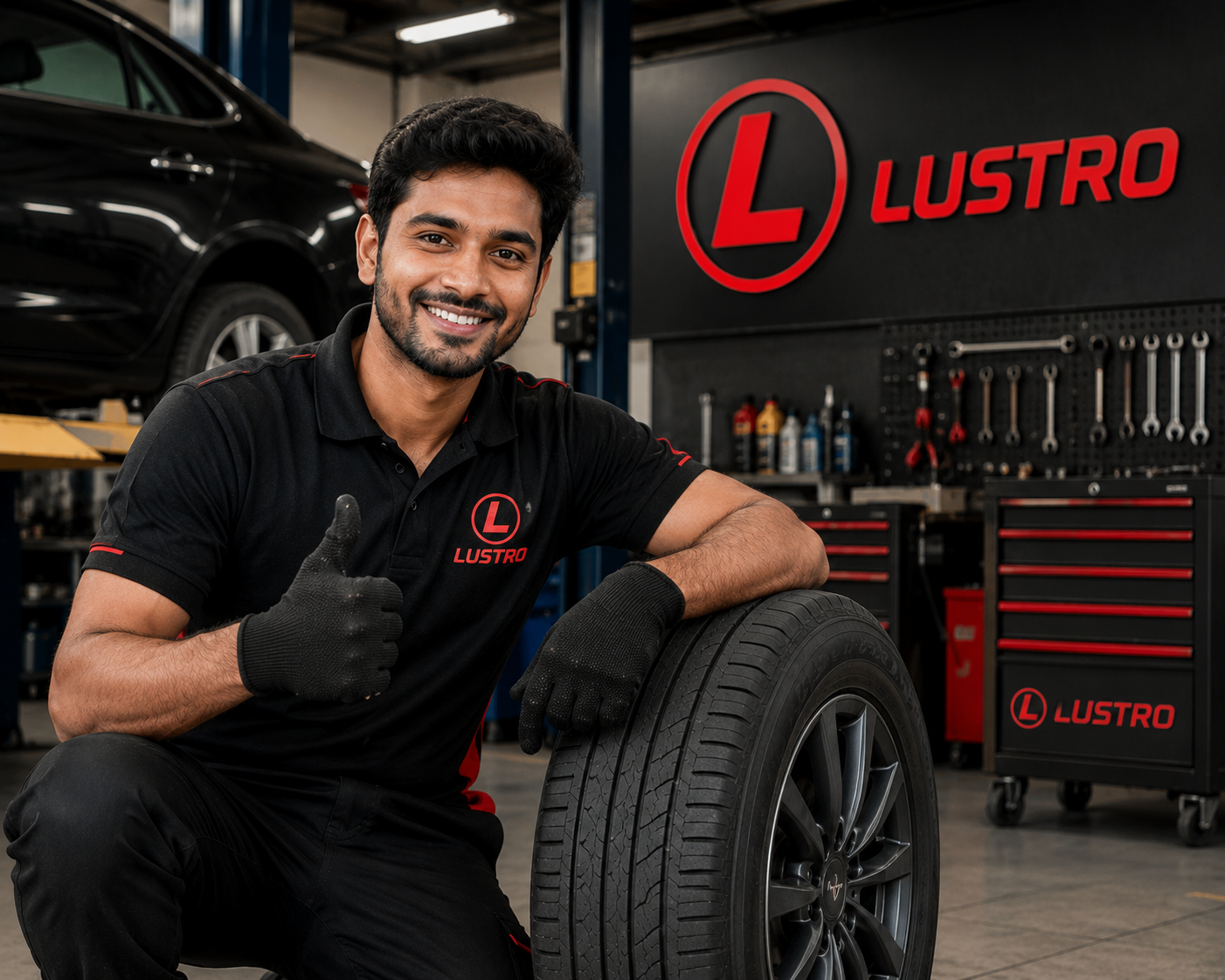 Mechanic leaning on a car tyre in the workshop