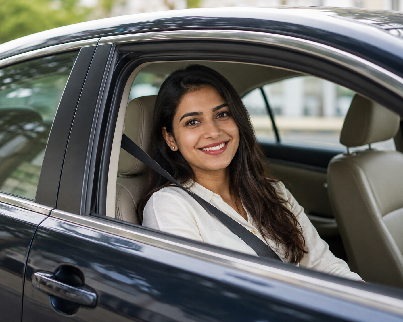 Woman smiling while seated in a car