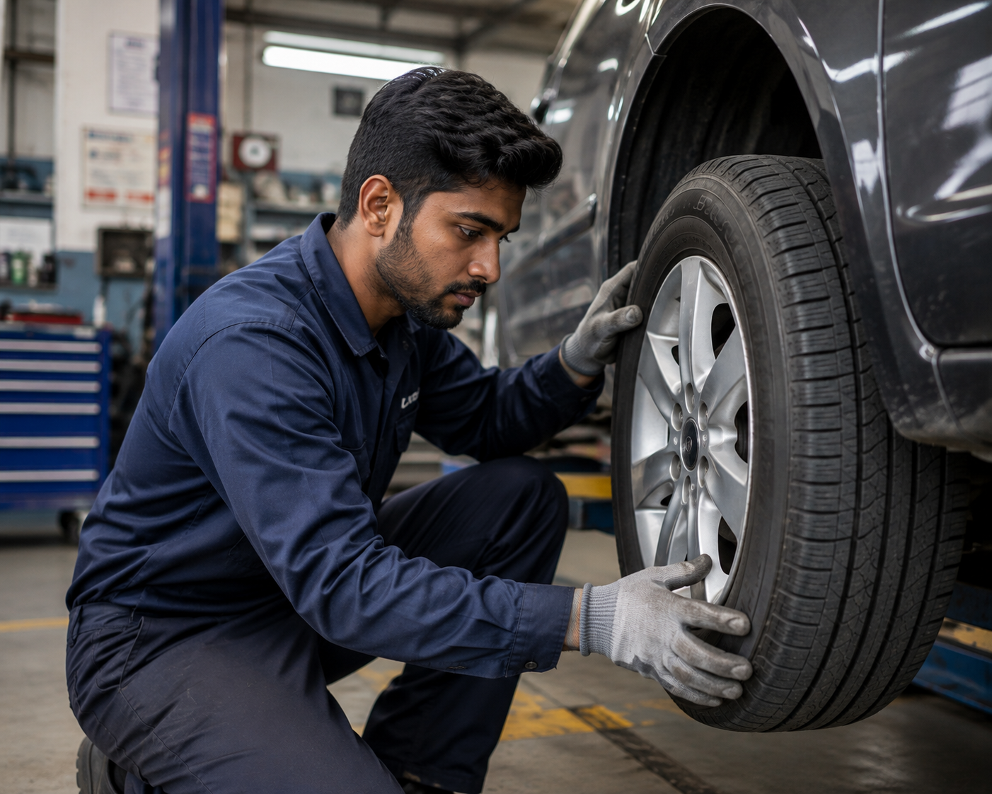 Technician checking a car tyre in the workshop