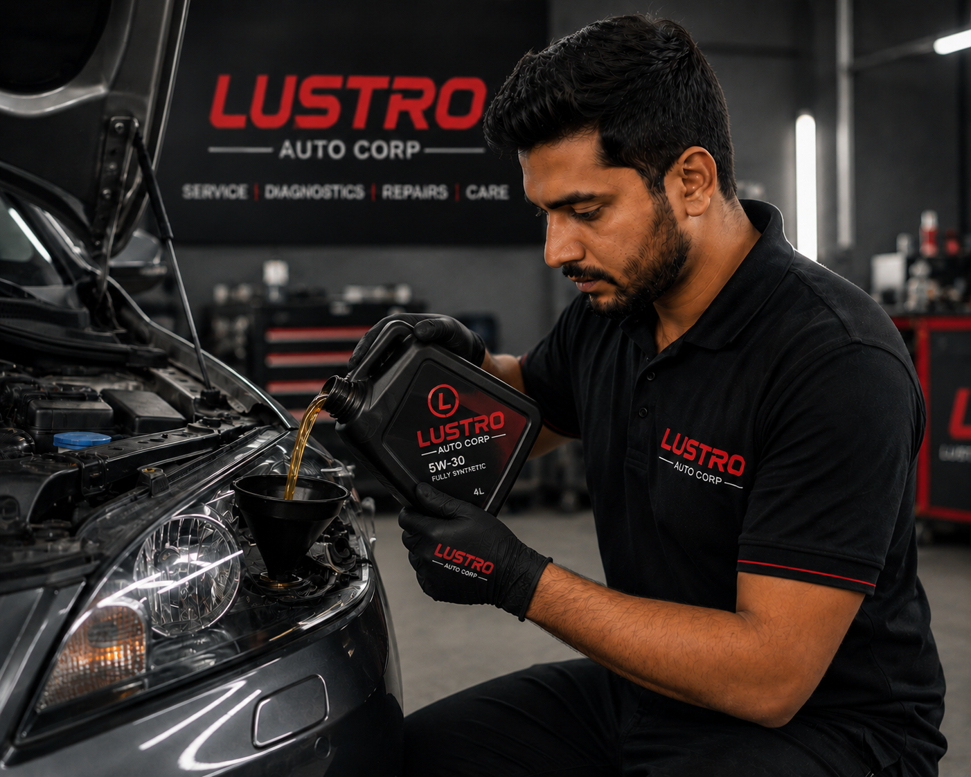 Technician pouring oil into an engine during an oil and filter change